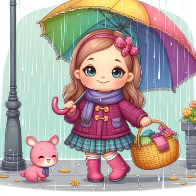 Girl walking in the rain with umbrella