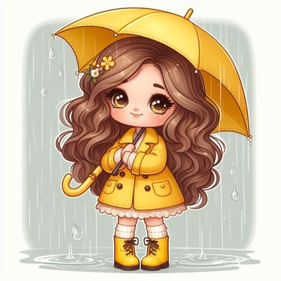 Cute girl under yellow umbrella in rain