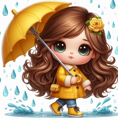 Girl walking in the rain with yellow umbrella