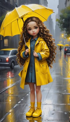 Girl in yellow raincoat on rainy city street