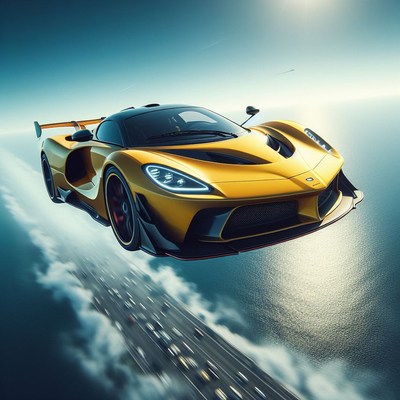 Yellow sports car flying over highway