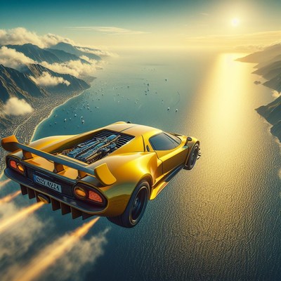 Yellow sports car flying over ocean