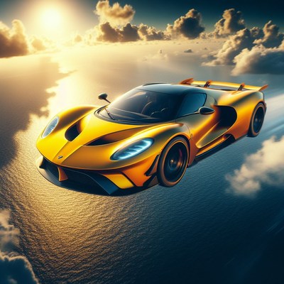 Yellow sports car flying above clouds