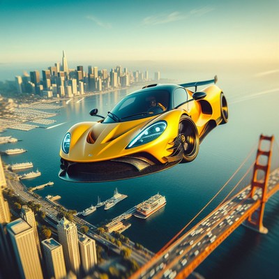Yellow sports car flying over san francisco