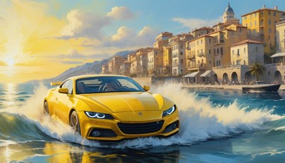 Yellow sports car driving through water
