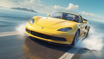 Yellow convertible driving on coastal road