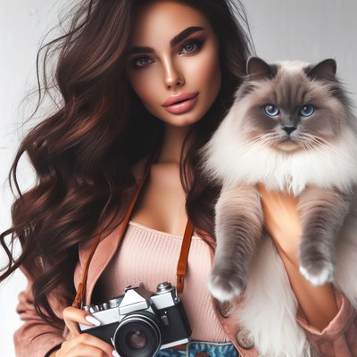 Woman holding cat and camera