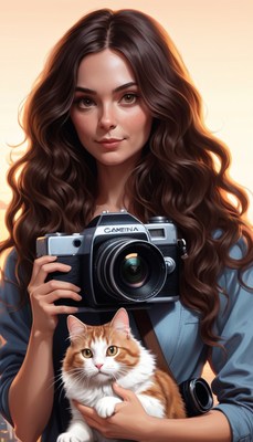 Woman holding camera and cat