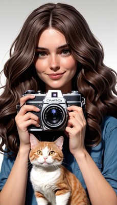 Woman holding camera with cat