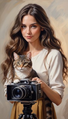 Woman holding cat and camera