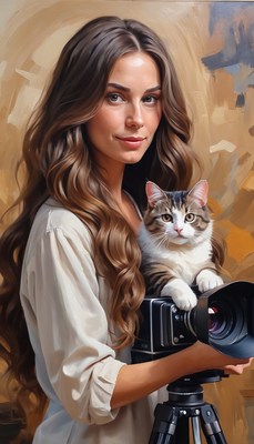 Woman with cat posing with camera