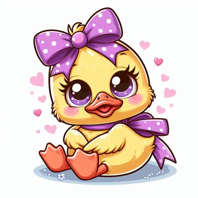 Cute yellow duckling with purple bow