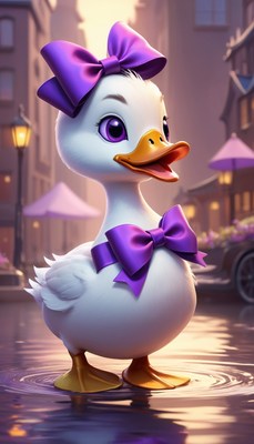 Duckling in purple bows on a city street