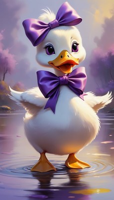 Duckling with purple bow in water
