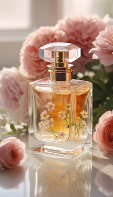 Floral perfume bottle on white table