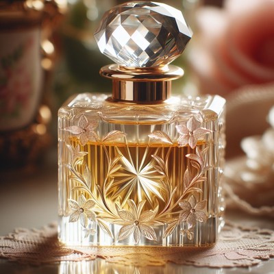 Ornate perfume bottle on lace doily