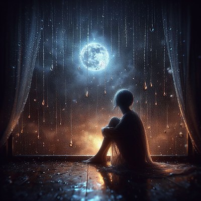 Woman sitting by window under full moon