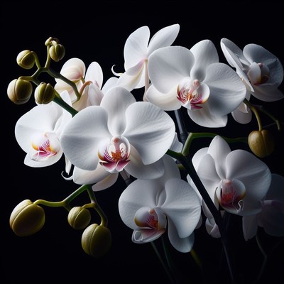 White orchid blooms against black background