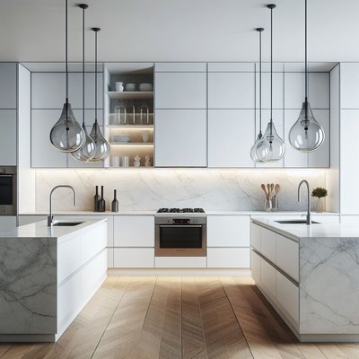 Modern kitchen with glass pendant lights