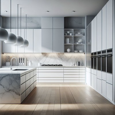 Modern kitchen with white cabinets and marble island