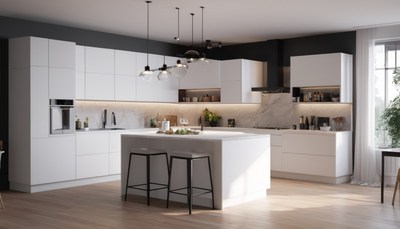 Modern kitchen island with white cabinets