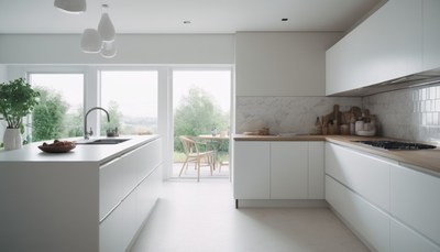 Modern kitchen with white cabinets and patio view