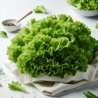 Fresh green lettuce on white fabric