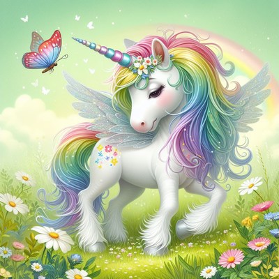 Rainbow unicorn in meadow