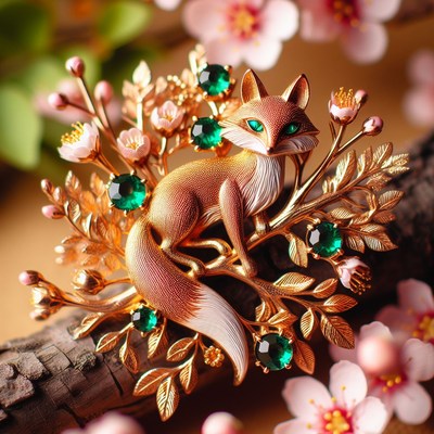 Golden fox brooch with green gems