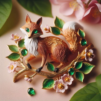 Fox brooch on branch with flowers