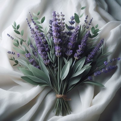 Lavender bouquet on white fabric