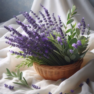 Lavender bouquet in wicker basket