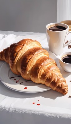 Croissant and coffee on white tablecloth
