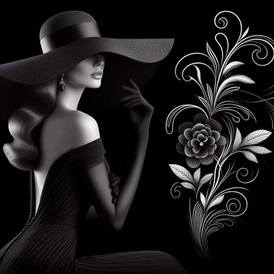 Woman in black hat with floral design