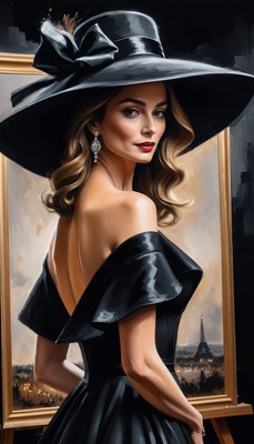 Woman in black hat posing by canvas