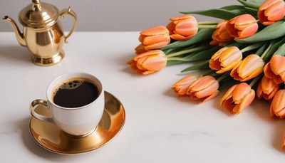 Coffee and tulips on a table