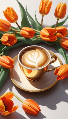 Golden cup of coffee with orange tulips