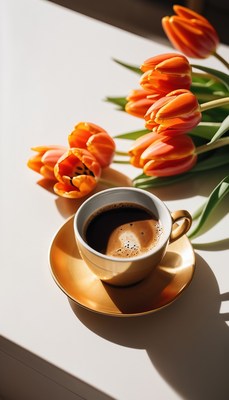 Morning coffee with tulips