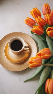 Coffee and tulips on marble table