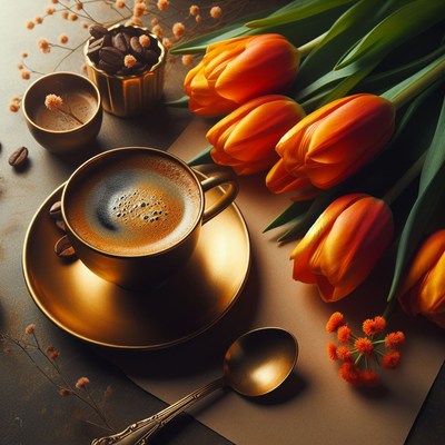 Coffee and tulips on a table