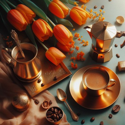 Copper coffee and tulips still life