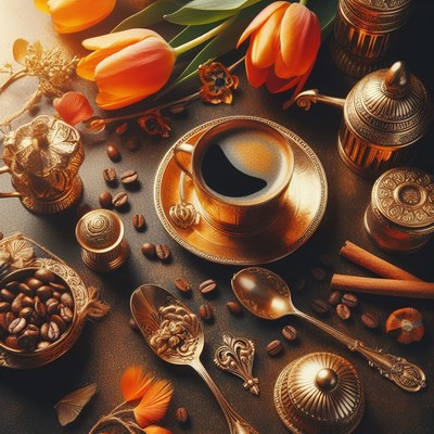 Golden coffee and tulips still life
