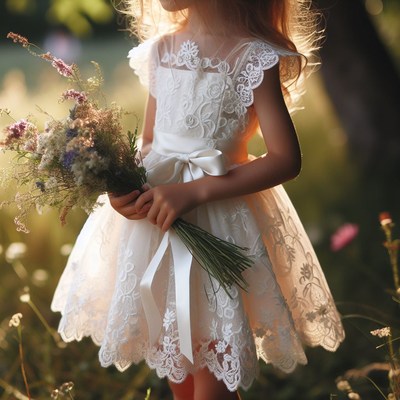Girl in white lace dress with bouquet