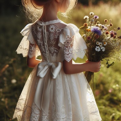 Young girl in lace dress holds flowers