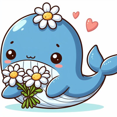 Cartoon whale holding flowers