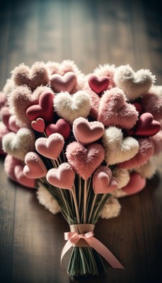 Pink heart bouquet on wooden surface