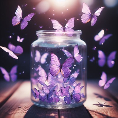 Purple butterflies in a jar