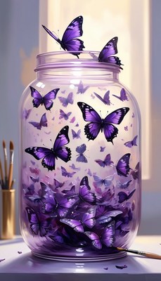 Purple butterflies in a jar