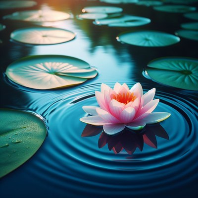 Pink water lily in pond at sunset
