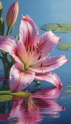 Pink lily floating on water